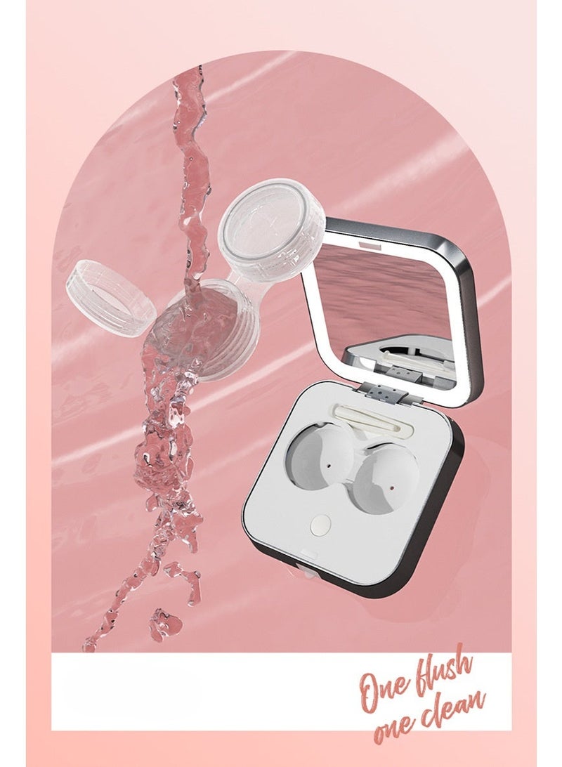 طقم حافظة عدسات للسفر، حافظة عدسات لاصقة محمولة 3 في 1 مع وظيفة التنظيف، منظف عدسات لاصقة كهربائي بالاهتزاز مع وظيفة شحن USB، مرآة مكياج بإضاءة LED للعناية اليومية لتنظيف العدسات اللاصقة بسرعة. - Image 5